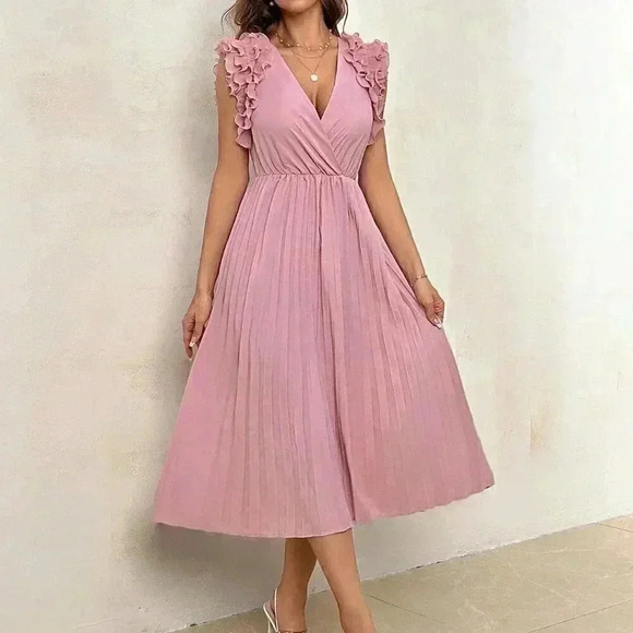 Dusty Pink Casual Women's Summer V-Neck Pleated Waist Ruffle Edge Dress - Picture 1 of 7